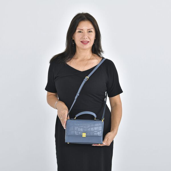 Cabrio Handtasche mit Krokoprägung aus echtem Leder, 25x8x15 cm, Blau image number 1