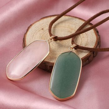 2er Set - Rosenquarz, Gr&uuml;ner Aventurin Schmuckset Messing, Reines Leder ca. 200.00 ct