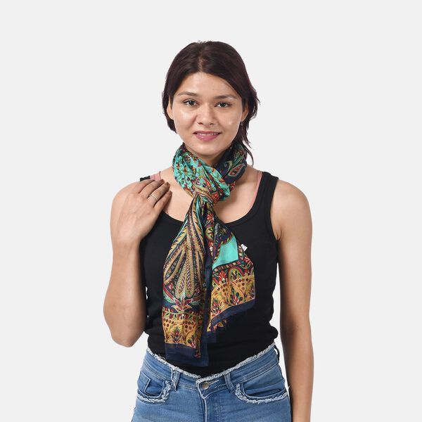 Bedruckter Satin-Seidenschal, 48x160cm, Marineblau