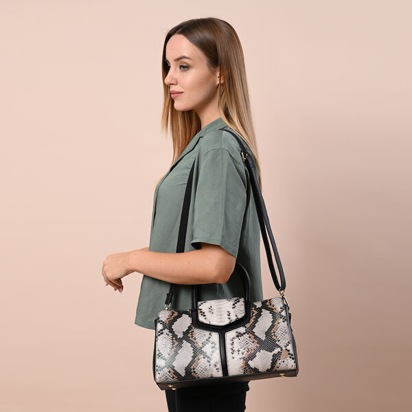 Handtasche aus 100% echtem Leder, Schlangenmuster, Schwarz und Beige&nbsp; image number 2