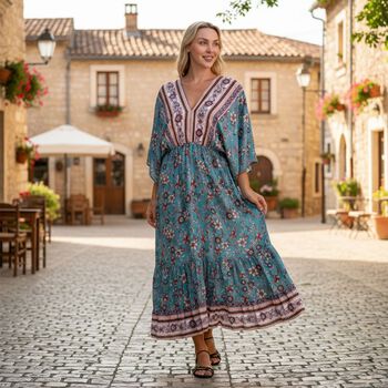 " 1.100% Viscosse Plain Weave 2. Placement Print 3. Elastic Waist 4. Kimono Style Sleeves 5. Teired Hem 6. Back Tie ClosureMaterial :100% viscosebust 38CM*length 135CM bust(EXTENDED)62CM Weight:320g Color:blue  base with print "