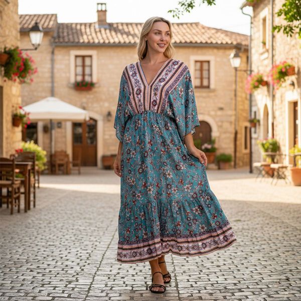 " 1.100% Viscosse Plain Weave 2. Placement Print 3. Elastic Waist 4. Kimono Style Sleeves 5. Teired Hem 6. Back Tie ClosureMaterial :100% viscosebust 38CM*length 135CM bust(EXTENDED)62CM Weight:320g Color:blue  base with print " image number 1