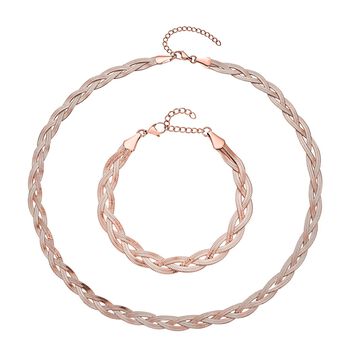Geflochtene Halskette und Armband, Edelstahl ros&eacute;farben