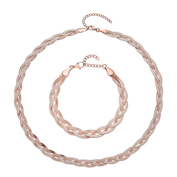 Geflochtene Halskette und Armband, Edelstahl ros&eacute;farben