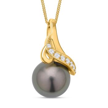 Tahiti Perle und wei&szlig;er Zirkon-Anh&auml;nger mit Kette, ca. 10-11mm, 925 Silber Gelbgold Vermeil ca. 0.15 ct