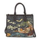 Bestickte Crossbody Tasche, Kunstleder, Blumen Design, 32 x 12 x 25 cm, Grau