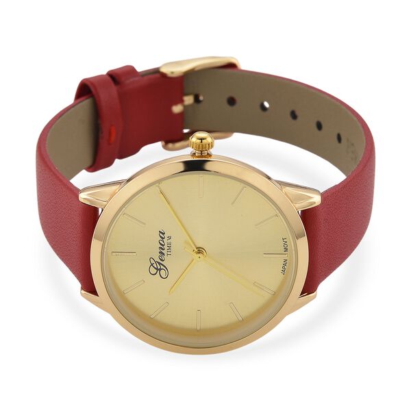 GENOA TIME V2 - Quarzuhr mit japanischem PC21S Werk, goldenem Zifferblatt und rotem Lederarmband, goldfarbenem Gehäuse, 3 ATM wasserdicht image number 4