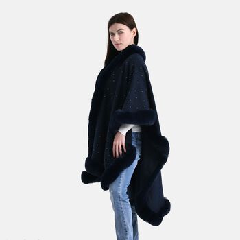 LA MAREY - Poncho mit Kunstfellbesatz und Kristall-Detail, Blau, Einheitsgr&ouml;&szlig;e