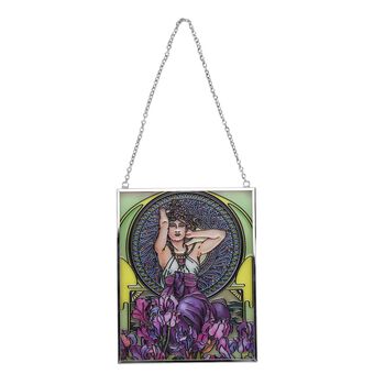Handbemalter Glas Suncatcher mit Kette, silberfarbenem Rahmen, Alphonse Mucha Motiv Iris, 12x15 cm