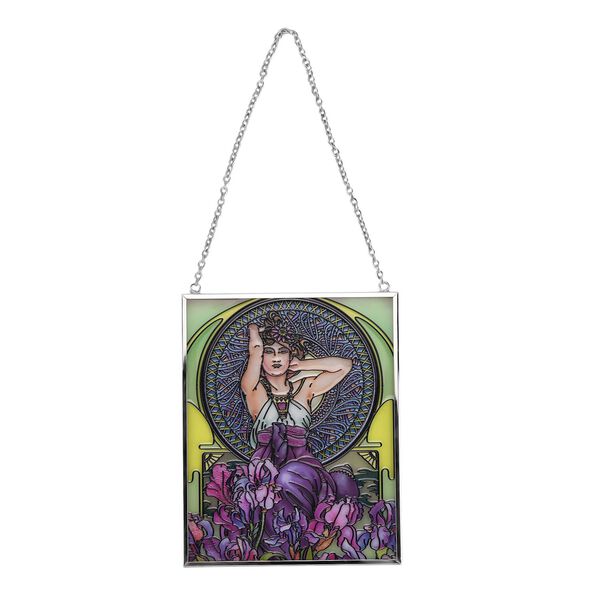 Handbemalter Glas Suncatcher mit Kette, silberfarbenem Rahmen, Alphonse Mucha Motiv Iris, 12x15 cm image number 2