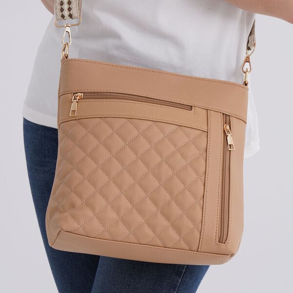 Crossbody-Tasche mit Steppmuster und Schultergurt, 3 Reißverschlussfächer, 21x13x7,5cm, Beige image number 3