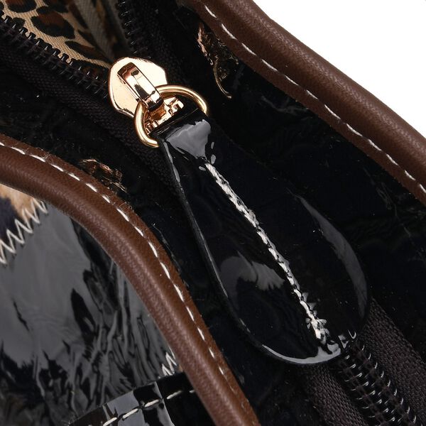 "Chaos by Elsie Genuine Leather Tote bag with RFID Color:black Embossed crocdile shining rhomboid pattern Size: 33*13*24CM              Wall: Genuine Leather Lining: Polyester                Exterior:zipped-2, Interior:zipped-2 , slip-2               " image number 7