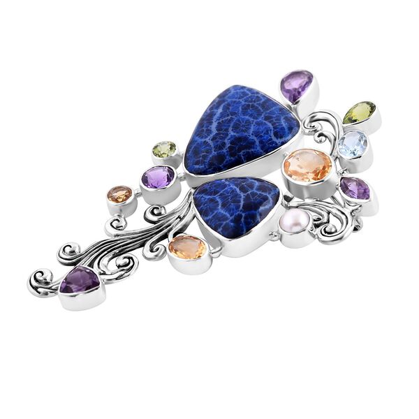 Royal Bali - Blau gefärbte Koralle, Citrin Anhänger und Brosche 925 Silber ca. 30.18 ct image number 3