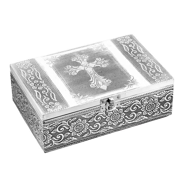 2er-Set &ndash; Oxidierte 20x13,5x7cm Aluminium-Schmuckbox und 16x9,5x3,8cm Perlen-Box, Kreuzpr&auml;gung, Silber und Wei&szlig; image number 3