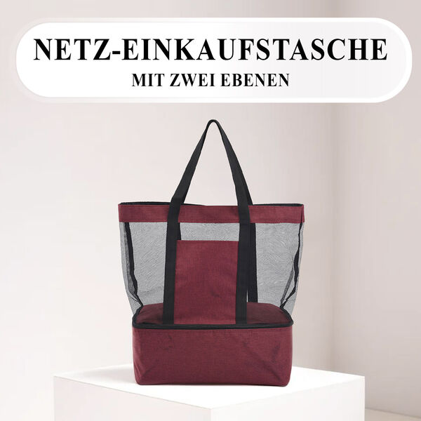 Zweist&ouml;ckige Netz-Einkaufstasche mit K&uuml;hlfach, 37x15x42cm, weinrot image number 2