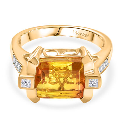 D'Joy Sphaleros Quarz, Wei&szlig;er Zirkon Ring 925 Silber 750 Gelb Vergoldet (Gr&ouml;&szlig;e 18.00) ca. 4,20 ct