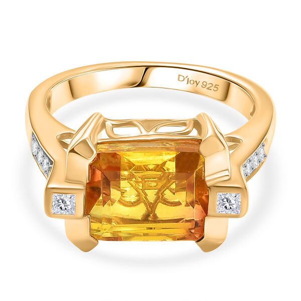 Feuerrahmen-Design - D'Joy Sphaleros Quarz, Wei&szlig;er Zirkon Ring. 925 Silber 750 Gelb Vergoldet (Gr&ouml;&szlig;e 18.00) ca. 4.20 ct