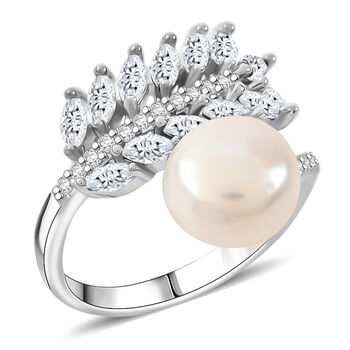 Wei&szlig;e S&uuml;&szlig;wasser Perle, Wei&szlig;er Zirkonia Ring Nickelfreies Messing, Flexibles (Gr&ouml;&szlig;e 17.00-19.00)