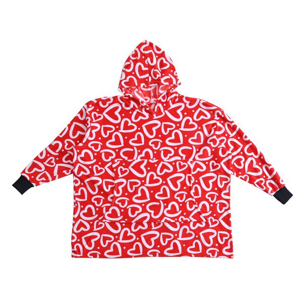 Flauschiger Flanell Hoodie mit großer Tasche, rotes Herzmuster image number 0