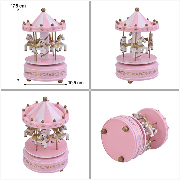 4-Pferde Holz Karussell Spieluhr, Gr&ouml;&szlig;e 18x10 cm, Rosa image number 4