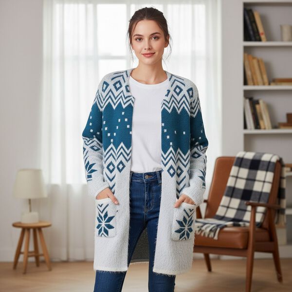 Kuscheliger Winter-Cardigan mit 2 Taschen, Einheitsgröße, blaues Schneeflockenmuster image number 0