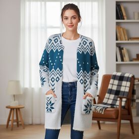 Kuscheliger Winter-Cardigan mit 2 Taschen, Einheitsgröße, blaues Schneeflockenmuster Kuscheliger Winter-Cardigan mit 2 Taschen, Einheitsgröße, blaues Schneeflockenmuster
