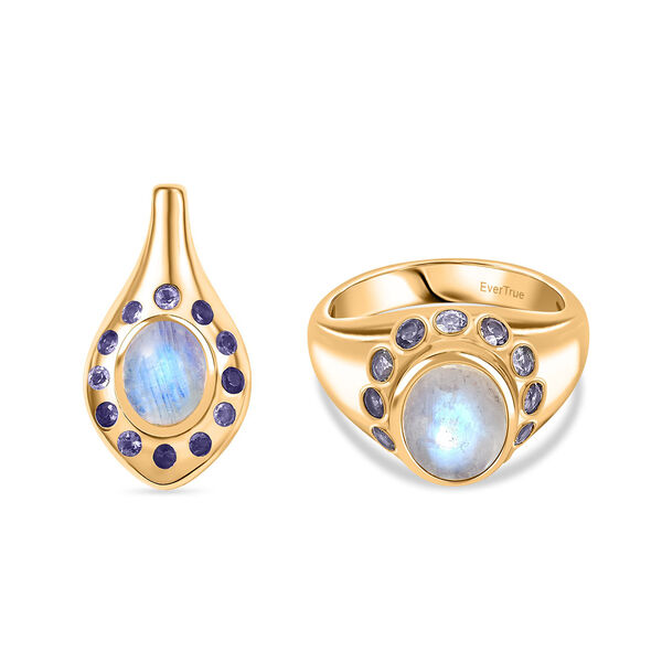 Regenbogen Mondstein und Iolith Ring und Anh&auml;nger