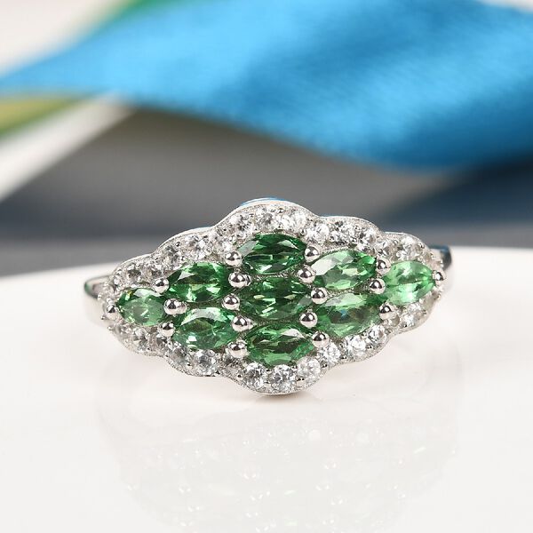 Tsavorit Granat und Zirkon Cluster Ring 925 Silber Platin-Überzug image number 2