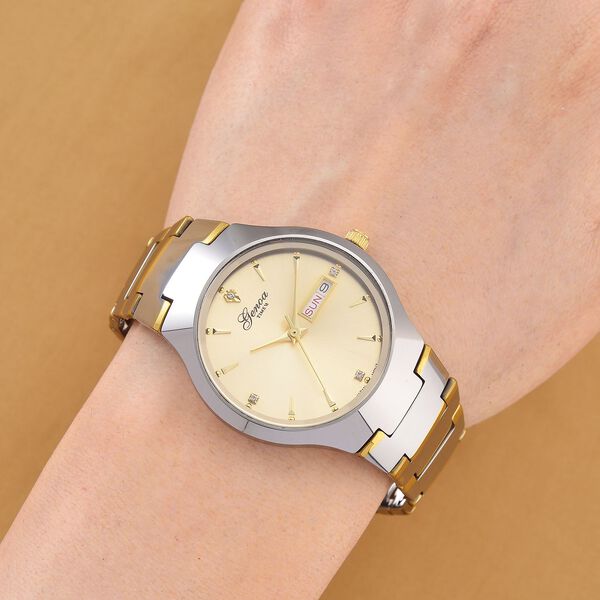 GENOA TIME V2 Uhr mit Japanischem VJ33 Quarzwerk, 36 mm, Zifferblatt mit Kristallen und Datumsanzeige, Armband aus Wolframstahl, 3 ATM wasserdicht, bicolor image number 2