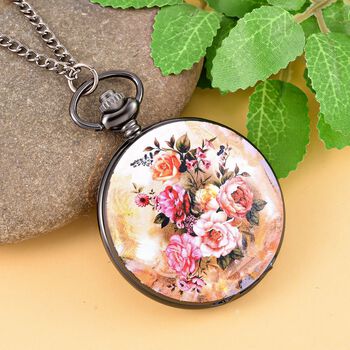 STRADA Japanisches Uhrwerk 3D Blumenmuster Taschenuhr mit Kette, 75 cm, ca. 35,00g