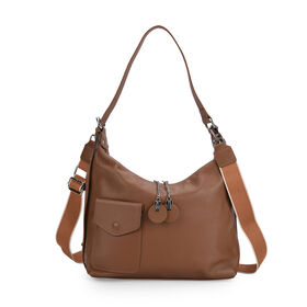 Echtleder-Umhängetasche mit Frontklappe und Rückfach, wahlweise kurzer Leder- oder langer Nylonriemen, 29.5x12x26 cm, Braun