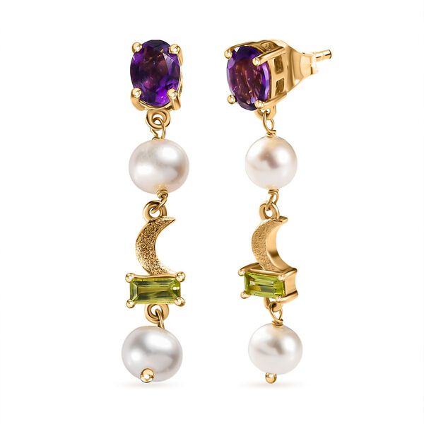 GP Regina Kollektion -Wei&szlig;e Perle, afrikanische Amethyst und Mehrfach-Edelstein-Ohrringe - 7,90 ct.