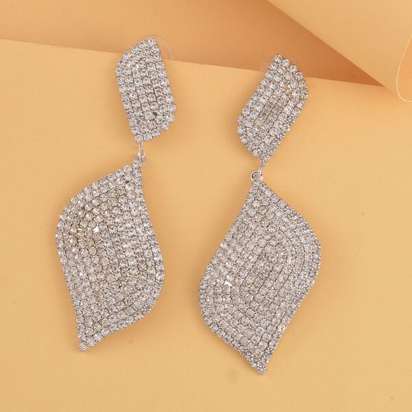 Blatt-Design Wei&szlig;e Kristall Chandelier Ohrringe, Nickelfreies Messing, silberfarben image number 1