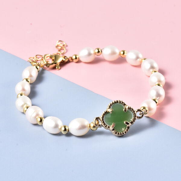 S&uuml;&szlig;wasser Perle, gr&uuml;n Glas Armband ca. 15+3 cm in goldfarben image number 2