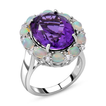 Lusaka Amethyst und nat&uuml;rlicher, &auml;thiopischer Opal-Ring, 925 Silber platiniert  ca. 9,37 ct
