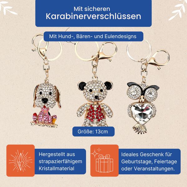 3er-Set - Mehrfarbiger Kristall-Schl&uuml;sselanh&auml;nger, Hund, B&auml;r und Eule image number 2