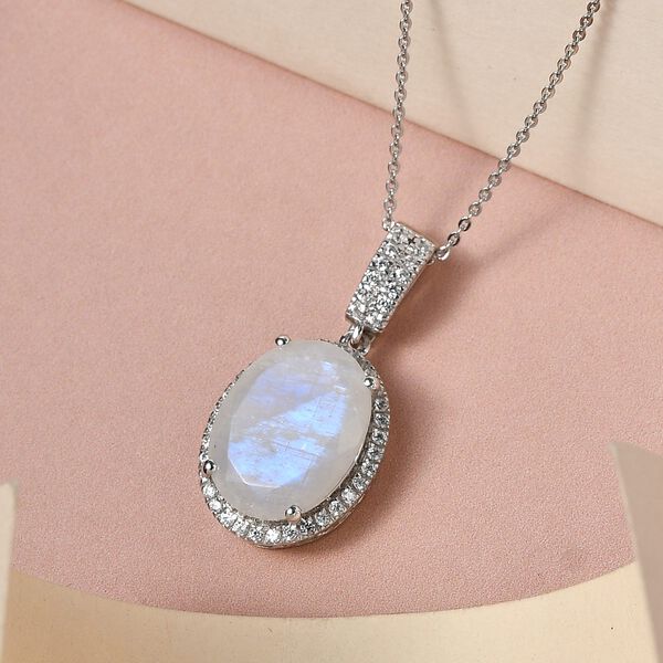 Premium Regenbogen Mondstein und wei&szlig;er Zirkon-Anh&auml;nger mit Kette, 925 Silber platiniert ca. 8.85 ct image number 3