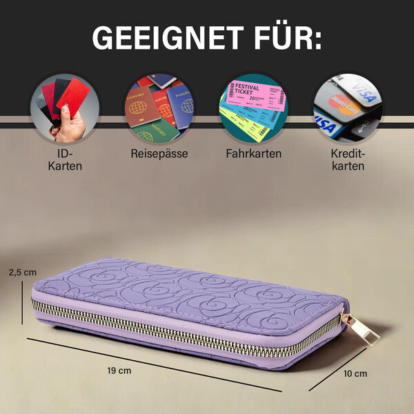 Lange Brieftasche aus naturfreundlichem Kunstleder, 19x2.5x10cm, florales Muster, lila image number 3