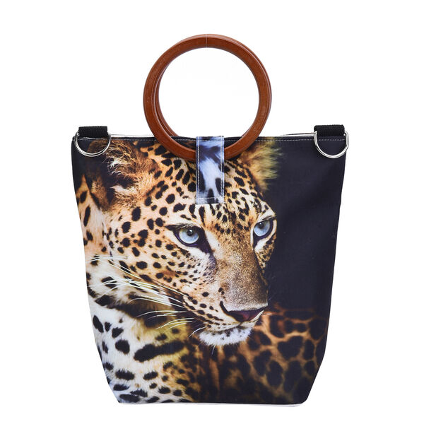 Handtasche mit Holzgriff, Leopardenmuster, Gr&ouml;&szlig;e 32x12x29cm, Schwarz und Braun