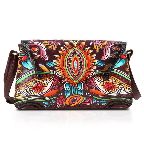 SUKRITI handbemalte Echtleder Tasche mit Pr&auml;gung 32 x 6 x 19 cm, Maroon