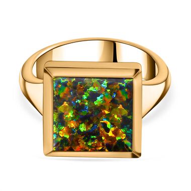 Lab Created schwarzen Opal Ring, 925 Silber Gelbgold Vermeil, (Größe 18.00) ca. 2.45 ct
