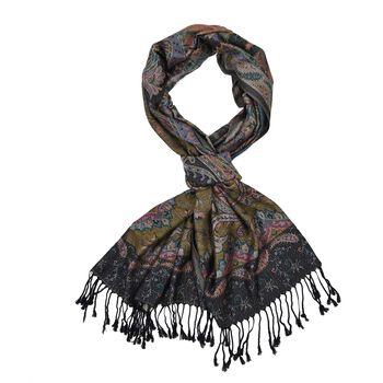 Schal mit Quasten und Paisleymuster, 70x180 cm, Schwarz, olivgr&uuml;n und blaugr&uuml;n