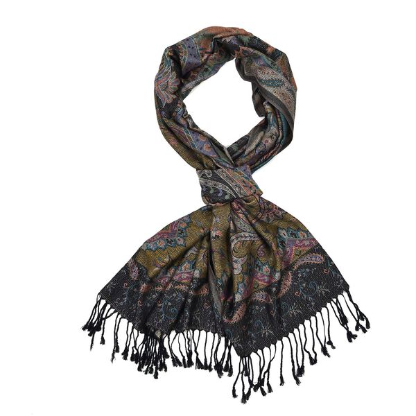 Schal mit Quasten und Paisleymuster, 70x180 cm, Schwarz, olivgrün und blaugrün image number 0