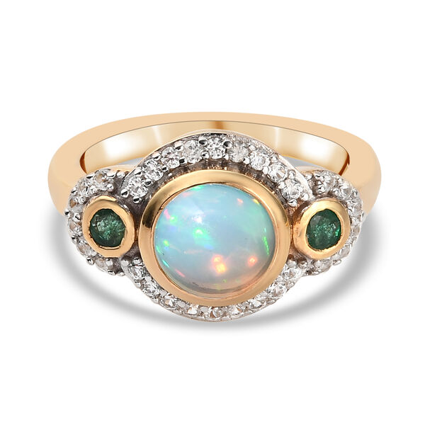 Nat&uuml;rlicher &Auml;thiopischer Opal und Sambischer Smaragd Ring 925 Silber vergoldet  ca. 1,52 ct