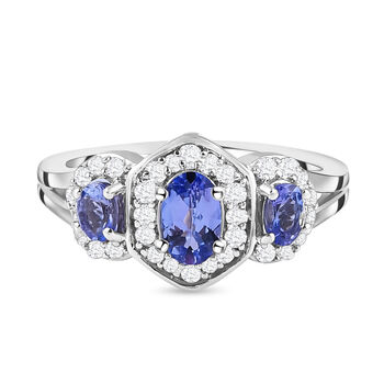 Tansanit und wei&szlig;er Zirkon-Ring, 925 Silber platiniert (Gr&ouml;&szlig;e 16.00) ca. 1,08 ct