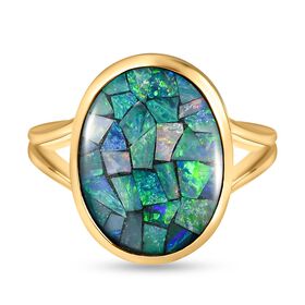 Mosaik-Opal Solitär-Ring, 925 Silber Gelbgold Vermeil, 5,43 ct.
