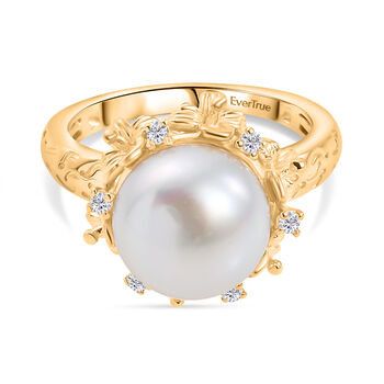 S&uuml;&szlig;wasser Perle, Wei&szlig;er Zirkon Ring, Messing, ca. 9.5 mm, (Gr&ouml;&szlig;e 18.00)