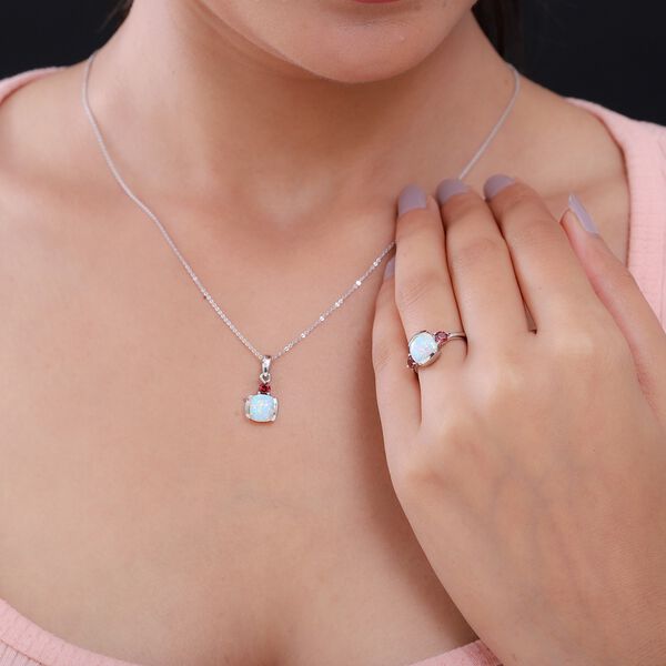 Nat&uuml;rlicher australischer Opal und roter Granat Ring und Anh&auml;nger mit Kette ca. 48 cm. 925 Silber Platin-&Uuml;berzug 1,97 ct image number 3