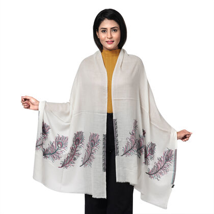 La Marey - 100% Kaschmir Schal mit gewebter Feder im Geschenk-Box, 70 x 200 cm, wei&szlig;