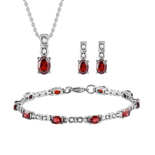 3er Set, rote Granat Ohrringe, Armband, Anhänger mit Kette, Edelstahl, ca. 7.28 ct image number 0